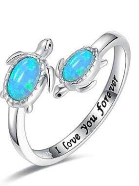Sterling Silver Turtle Ring Adjustable Turquoise Opal Ocean Animal Jewelry